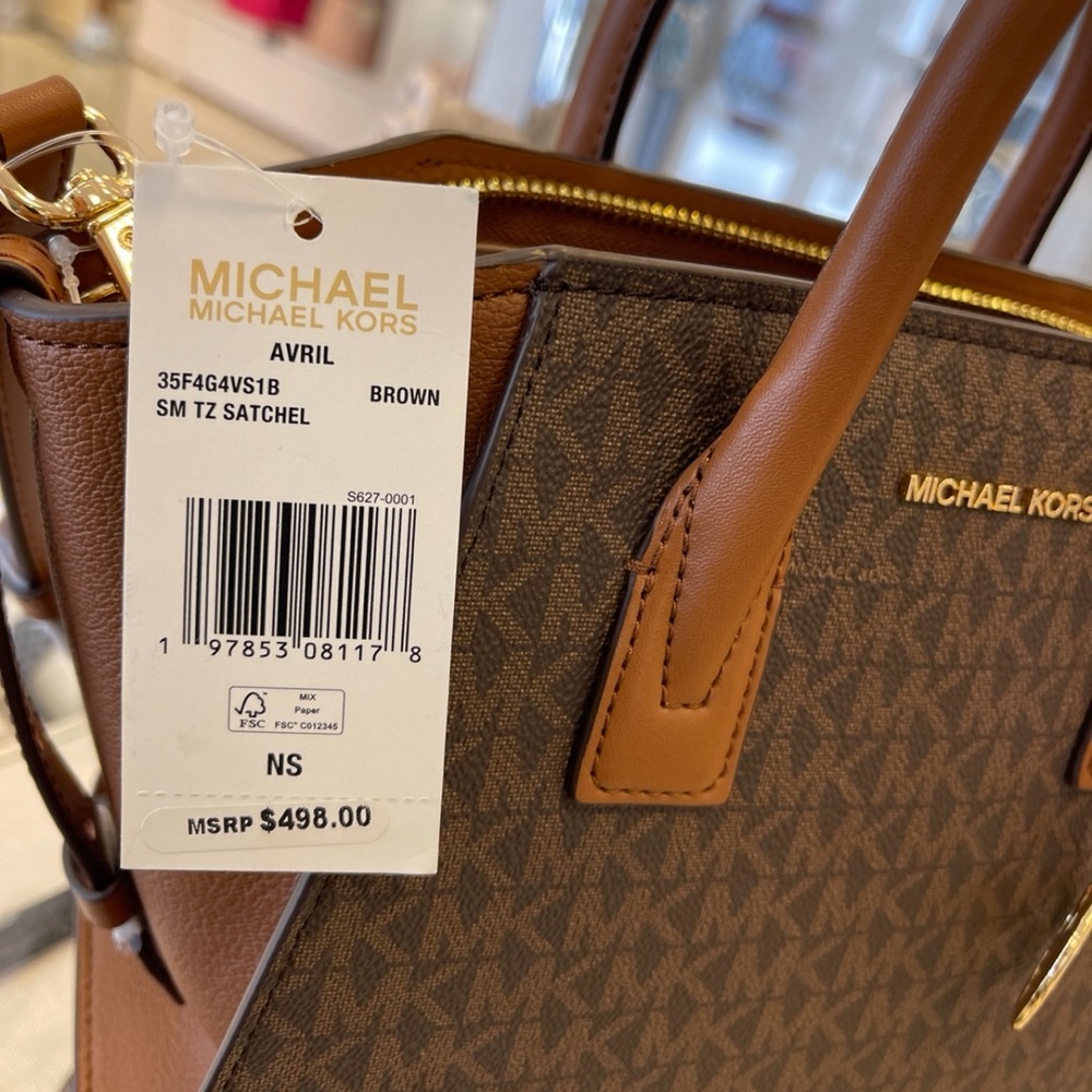 Michael Kors Avril Small Leather Logo Satchel Crossbody Brown Top Zip Bag NWT - Picture 14 of 16
